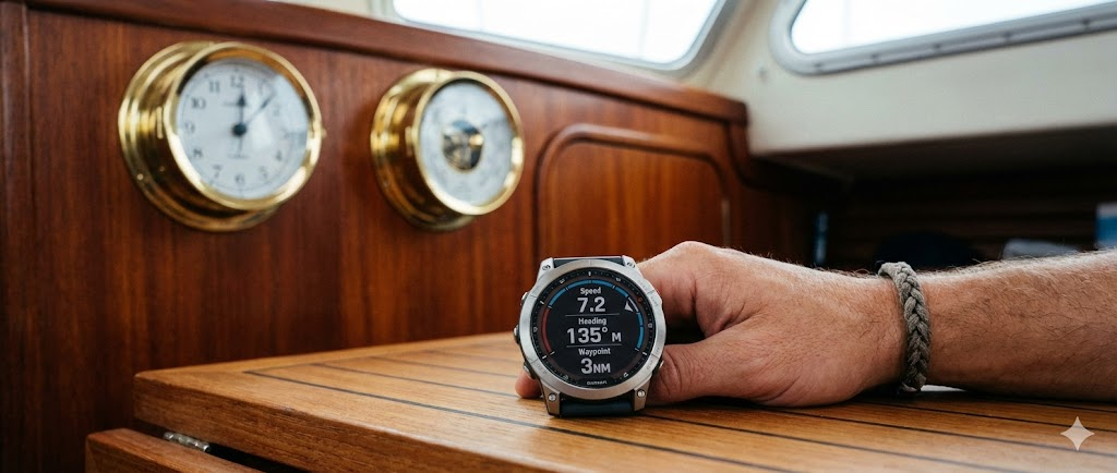 Composizione che mostra i due stili: in primo piano uno Smartwatch Garmin Quatix con display dati navigazione, sullo sfondo sfocato un elegante orologio nautico in ottone appeso alla parete.