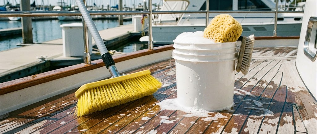 Un set di spazzoloni per barca con setole gialle e blu, montati su manici telescopici, appoggiati su una coperta bagnata insaponata.