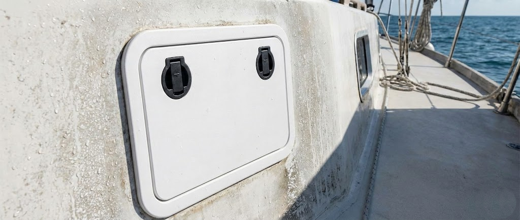 Uno sportello d'ispezione rettangolare bianco installato su una paratia, con le maniglie di apertura nere a filo.