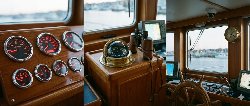 Composizione variegata di attrezzatura di bordo: strumenti motore analogici illuminati, un binocolo marino, una bussola da incasso e una telecamera di sicurezza compatta.