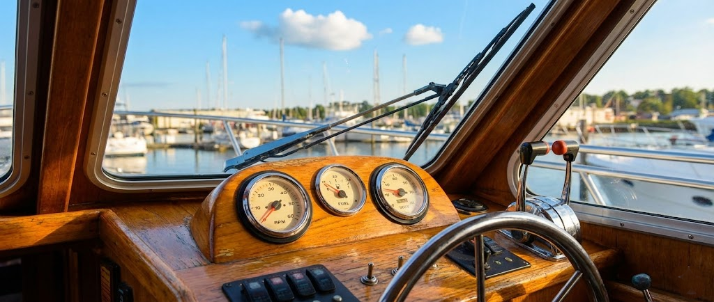 Dettaglio di una plancia comandi con strumenti motore circolari retroilluminati (contagiri e indicatori) e, sullo sfondo, un tergicristallo installato sul parabrezza.