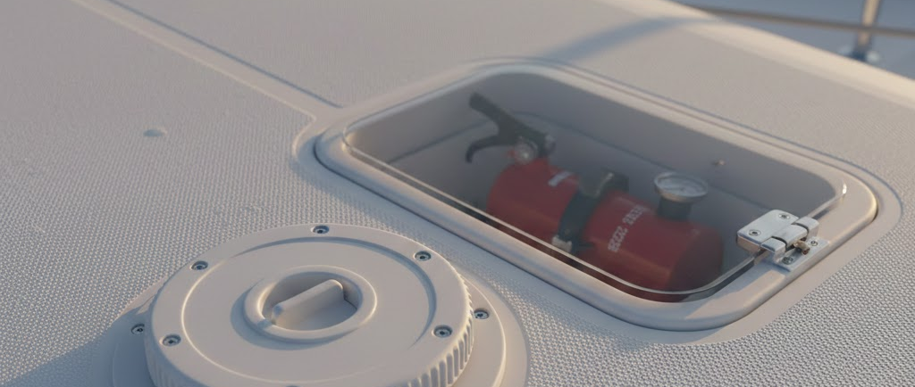 Un tappo d'ispezione rotondo svitato accanto a una nicchia bianca da incasso contenente un estintore.