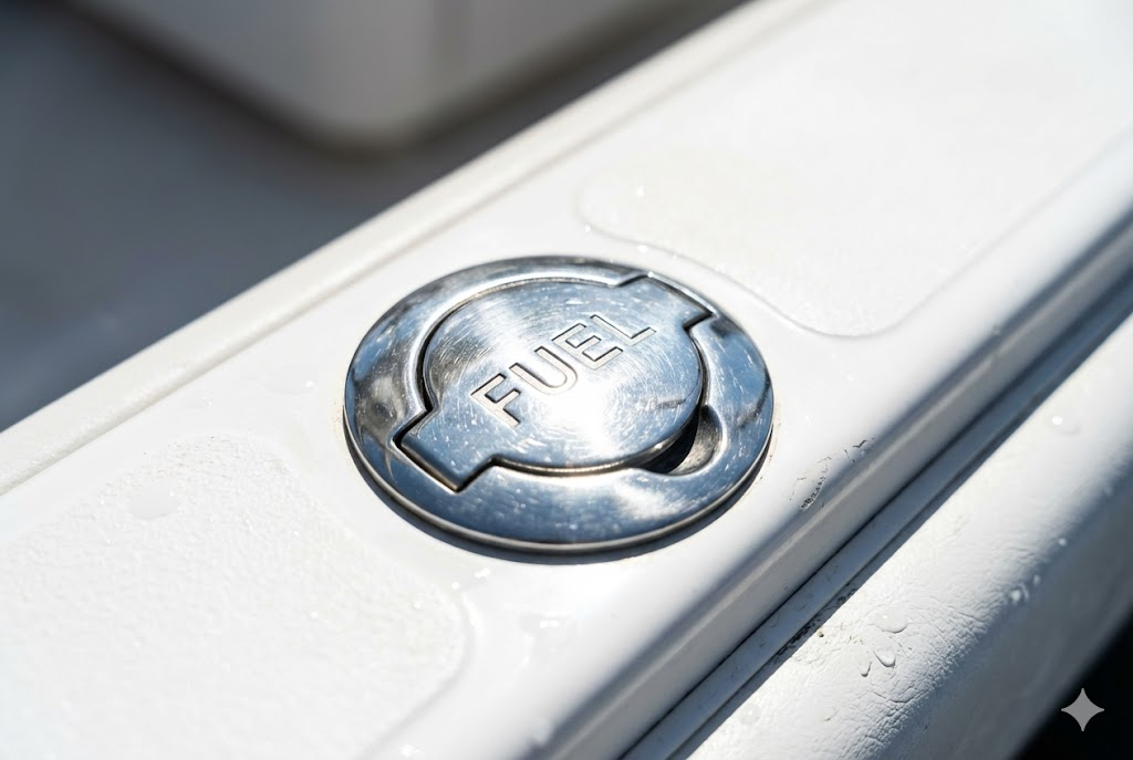 Tappo imbarco carburante in acciaio inox con scritta FUEL installato sulla murata bianca di una barca.