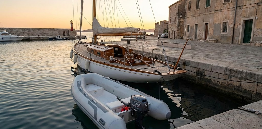 Tender nautico a chiglia rigida in acqua vicino a una barca.