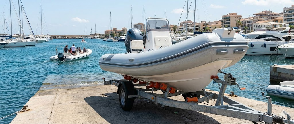 Un tender bianco gonfio appoggiato su un pontile e, in primo piano, dettagli di rulli arancioni e neri per carrelli nautici.