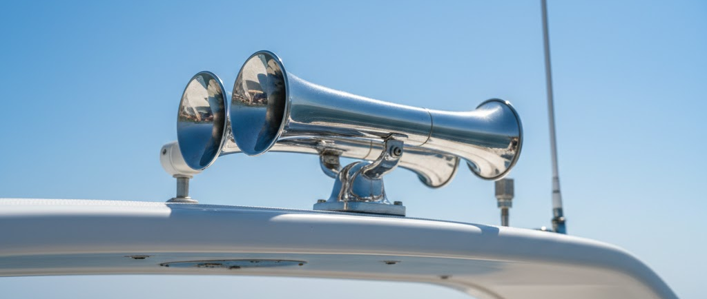 Dettaglio panoramico di una tromba nautica bitonale in acciaio inox lucido montata sul roll-bar di una barca, con cielo azzurro sullo sfondo.