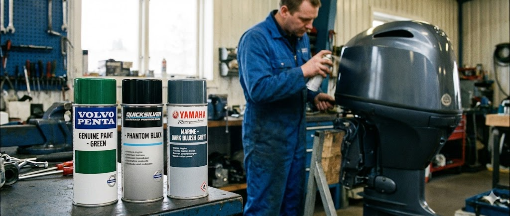 Una serie di bombolette spray di vernice (grigio, nero, bianco) allineate, con un motore fuoribordo sullo sfondo che viene ritoccato.