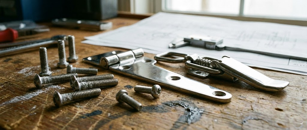 Dettaglio macro di viti inox con testa a croce, una cerniera lucida e una chiusura a leva anti-tintinnio.
