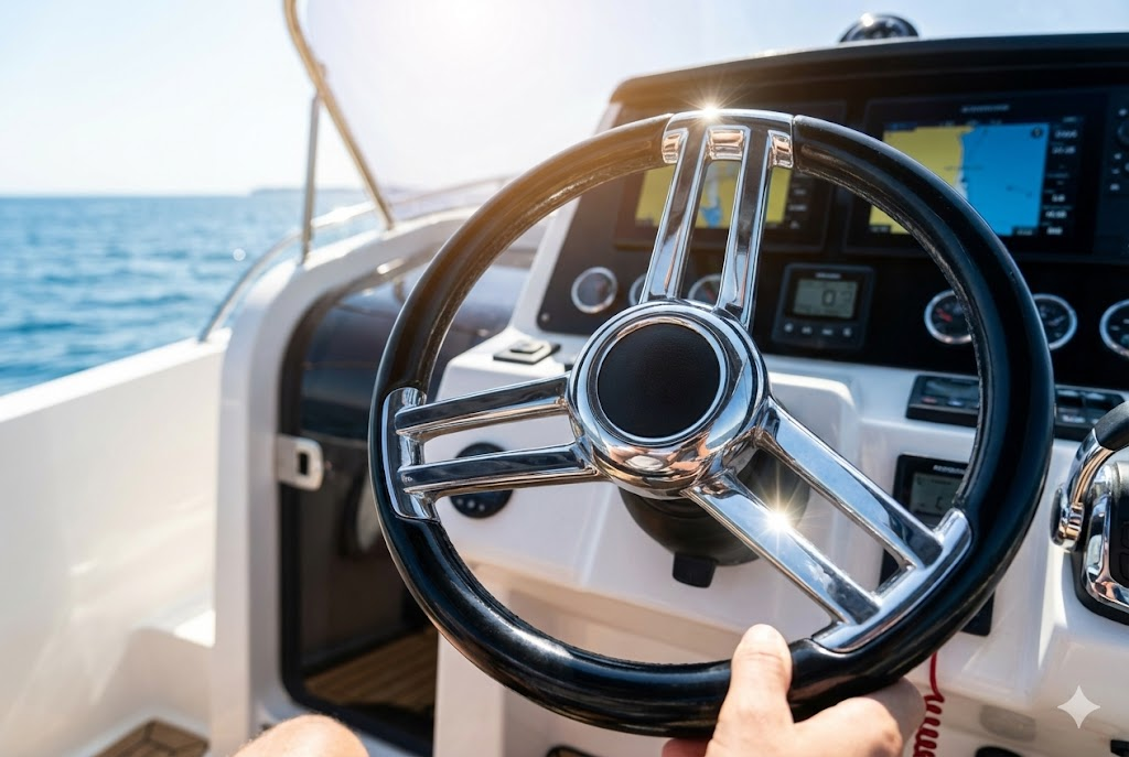 Visuale dal posto di guida: volante nautico sportivo a 3 razze montato su una console moderna con il mare sullo sfondo.