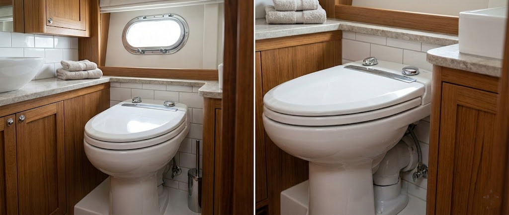 Un moderno WC nautico elettrico in ceramica bianca, con accanto un kit di raccordi e un flacone di liquido disgregante blu.