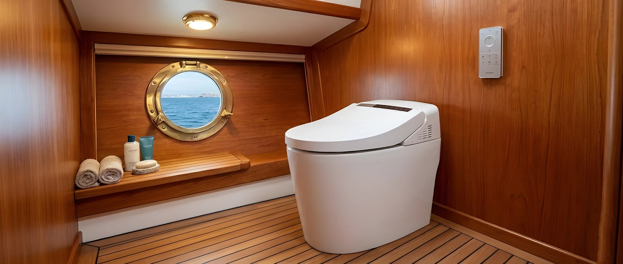 A sinistra un WC marino manuale con la caratteristica pompa a stantuffo laterale e la leva di scambio; a destra un WC marino elettrico compatto con la base carenata che copre il motore.