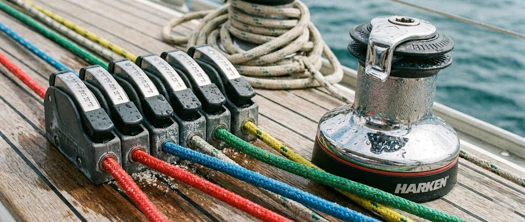 Dettaglio di un piano di coperta: una batteria di stopper aperti con cime colorate che passano, dirette verso un winch cromato.