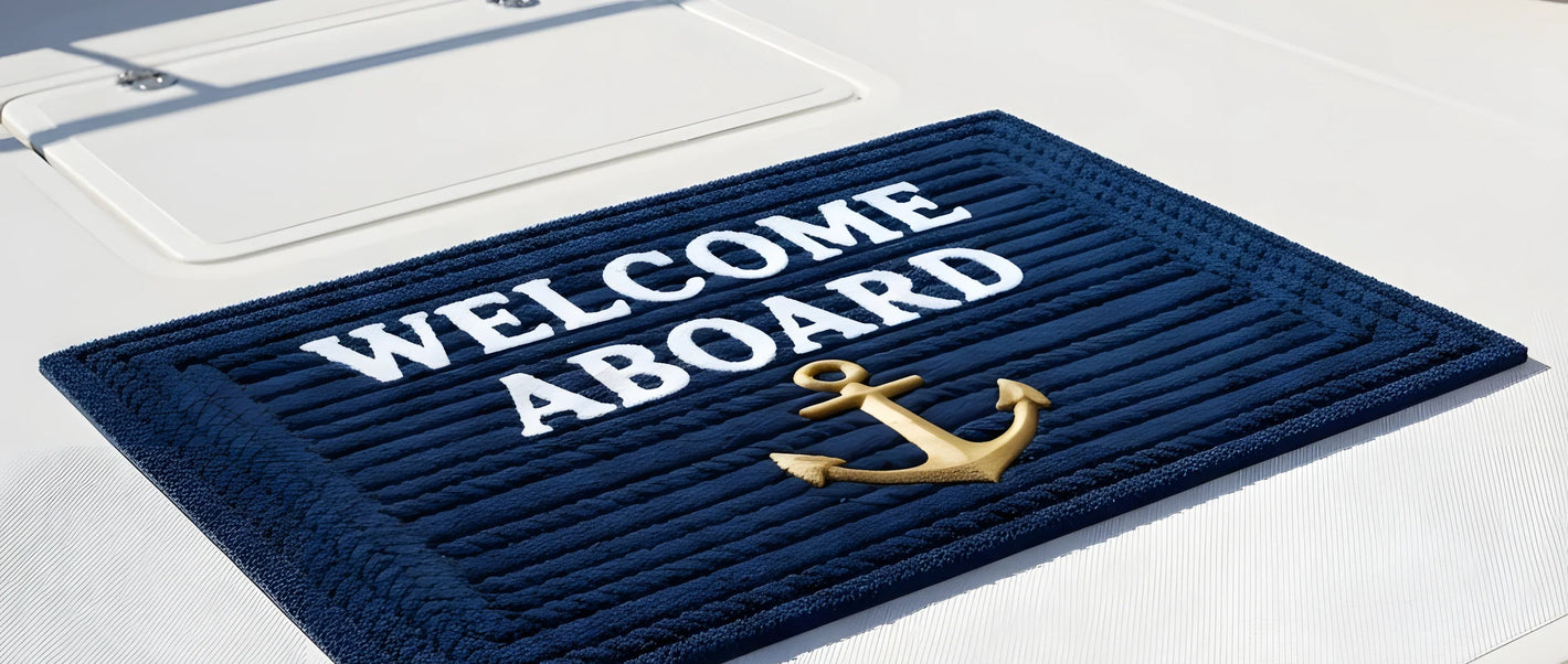 Un elegante zerbino blu con la scritta "Welcome Aboard" e il disegno di un'ancora dorata, posizionato all'ingresso di una barca.