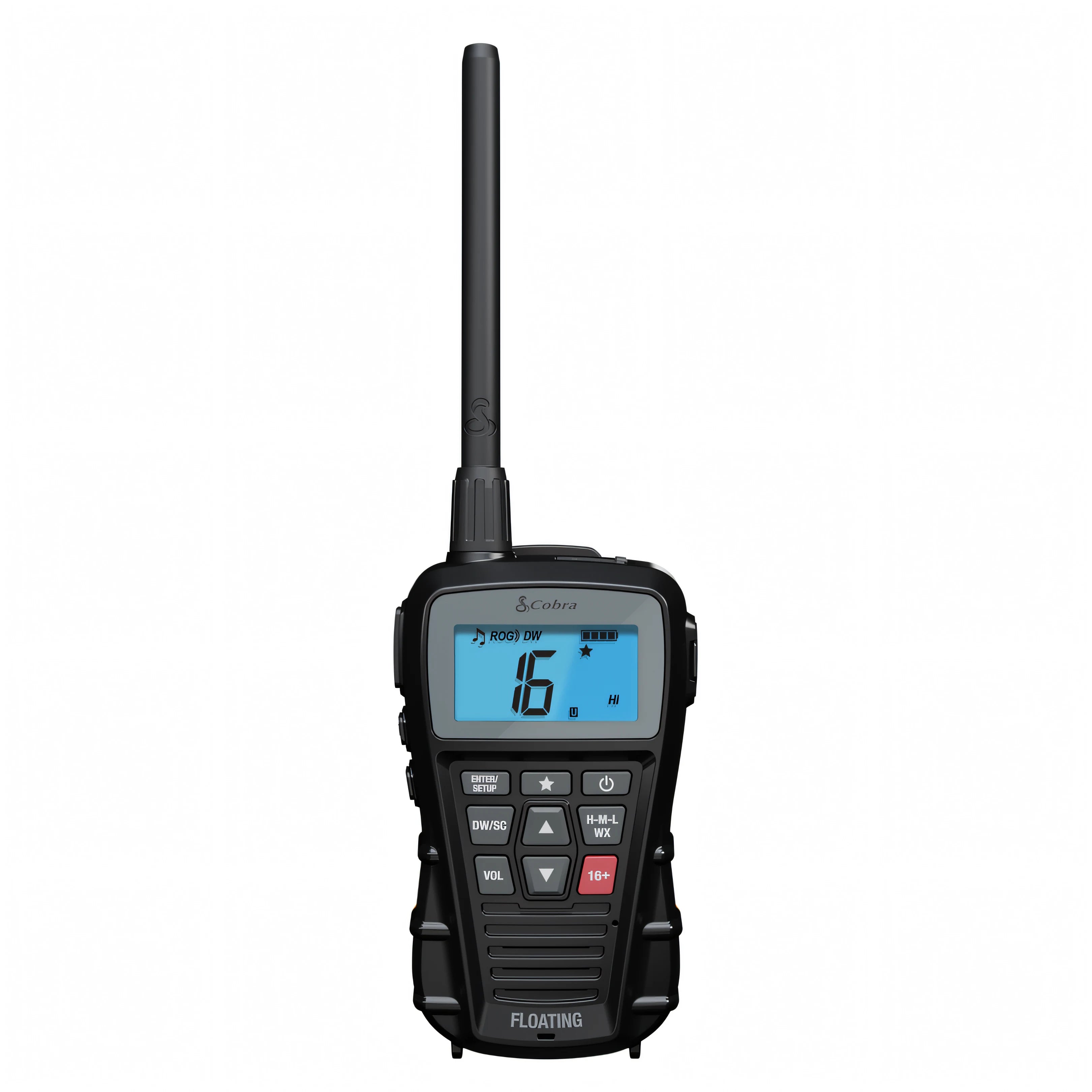 Radio VHF portatile Cobra Marine BlueBound 150E nera vista frontale con display LCD retroilluminato | Onautica