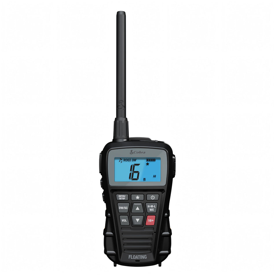 Radio VHF portatile Cobra Marine BlueBound 150E nera vista frontale con display LCD retroilluminato | Onautica