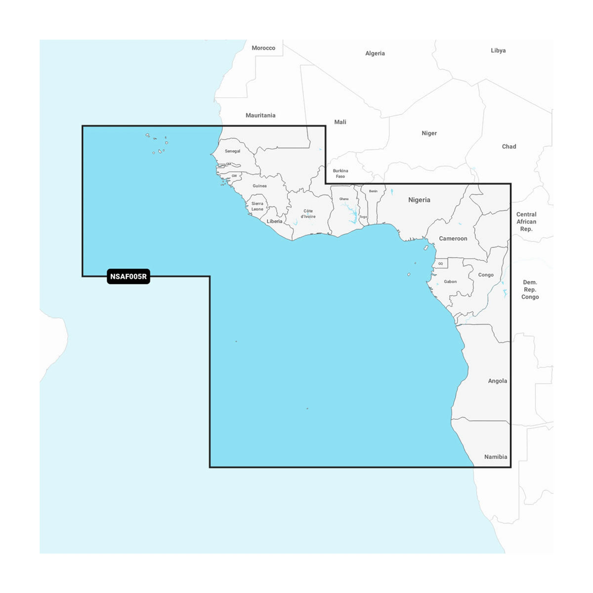 Carta nautica Garmin Navionics+ NSAF005R Africa occidentale su scheda GSD con mappa di copertura