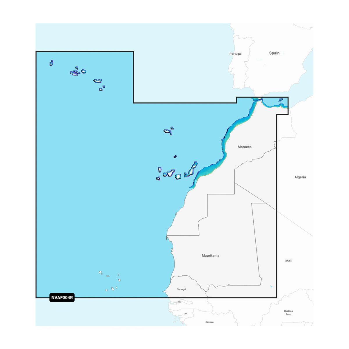 Carta nautica Garmin Navionics Vision+ NVAF004R Africa nord-occidentale su scheda GSD con mappa di copertura