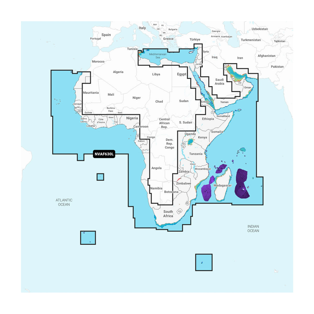 Carta nautica Garmin Navionics Vision+ NVAF630L Africa e Medio Oriente su scheda GSD con mappa di copertura