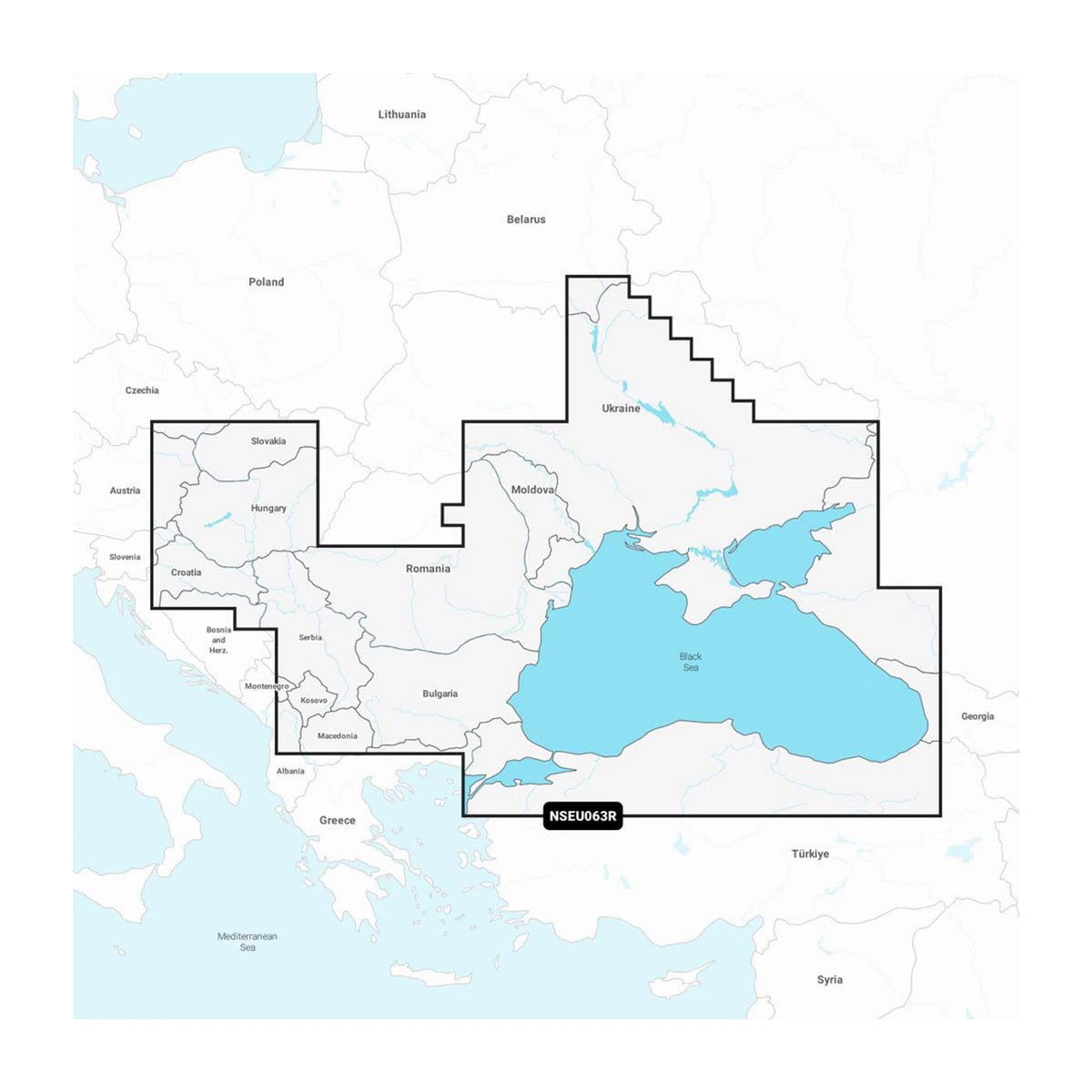 Carta nautica Garmin Navionics+ NSEU063R Mar Nero e Mare d'Azov su scheda GSD con mappa di copertura