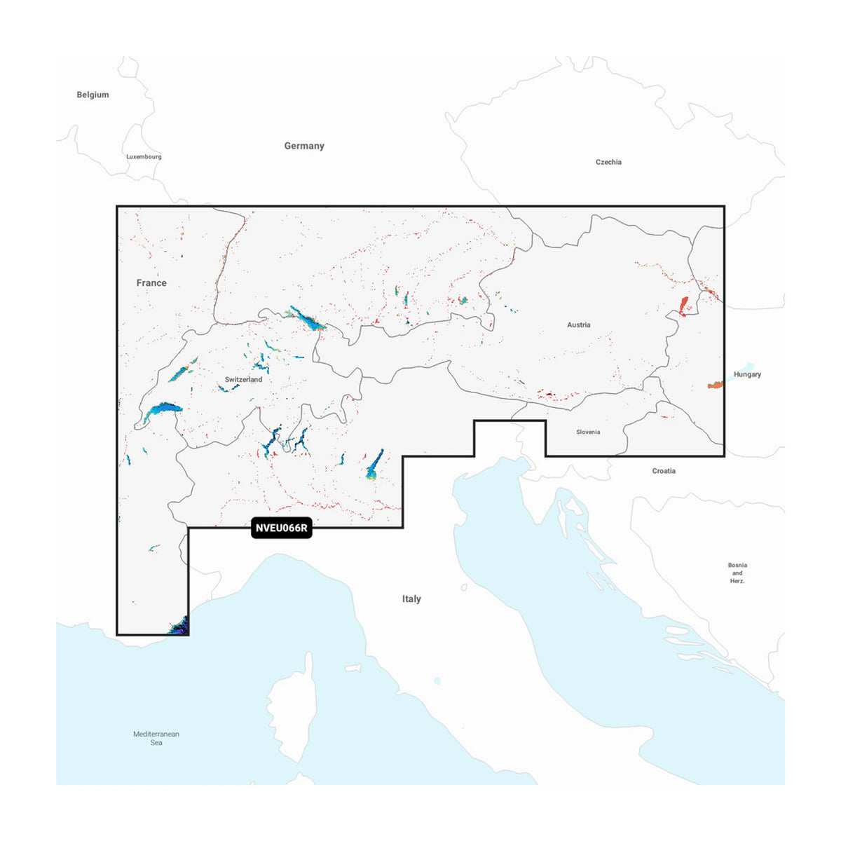 Carta nautica Garmin Navionics Vision+ NVEU066R Alpi, laghi e fiumi su scheda GSD con mappa di copertura