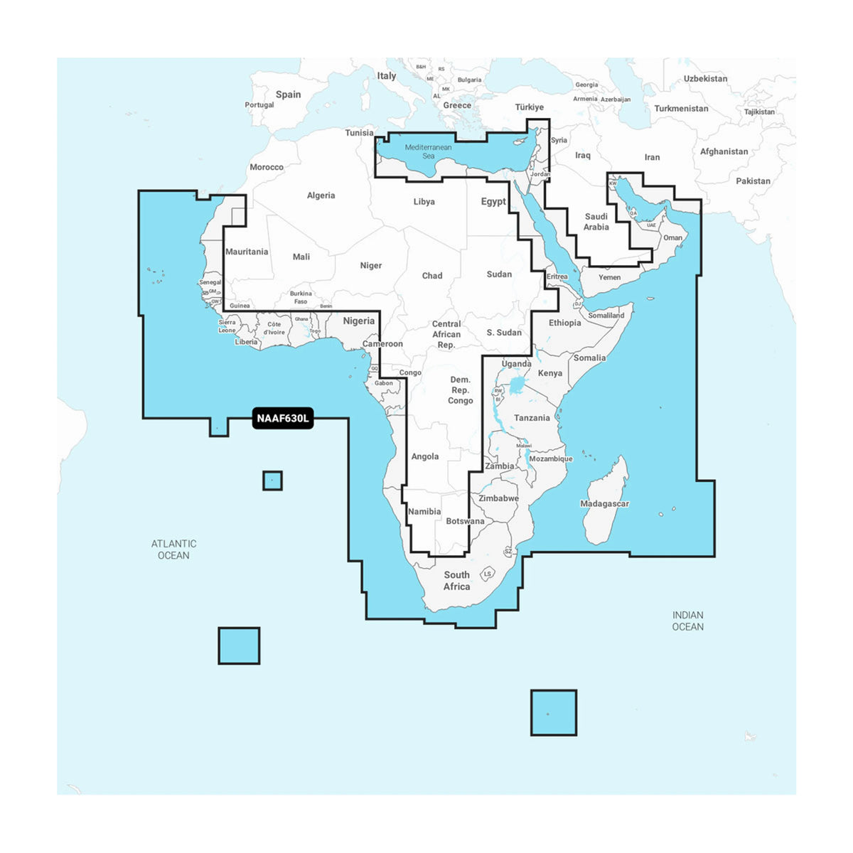 Carta nautica Navionics+ NAAF630L Africa e Medio Oriente su scheda microSD/SD con mappa di copertura