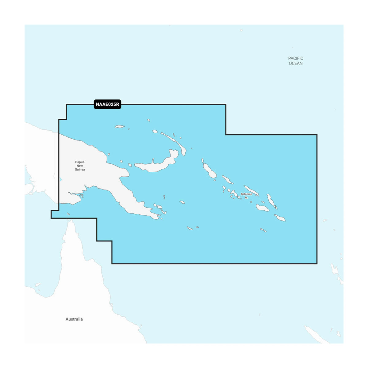 Carta nautica Navionics+ NAAE025R Papua Nuova Guinea e Isole Salomone su scheda GSD con mappa di copertura