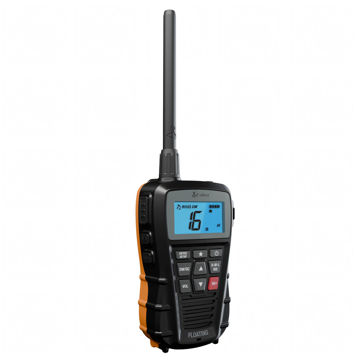 Radio VHF portatile Cobra Marine BlueBound 150E nera con banda arancione galleggiante | Onautica