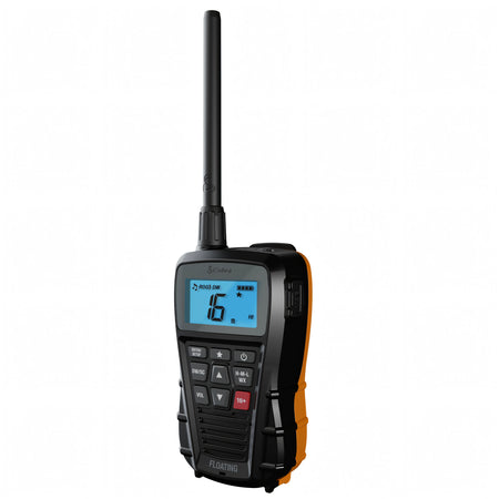 Radio VHF portatile Cobra Marine BlueBound 150E nera con banda arancione vista di tre quarti | Onautica
