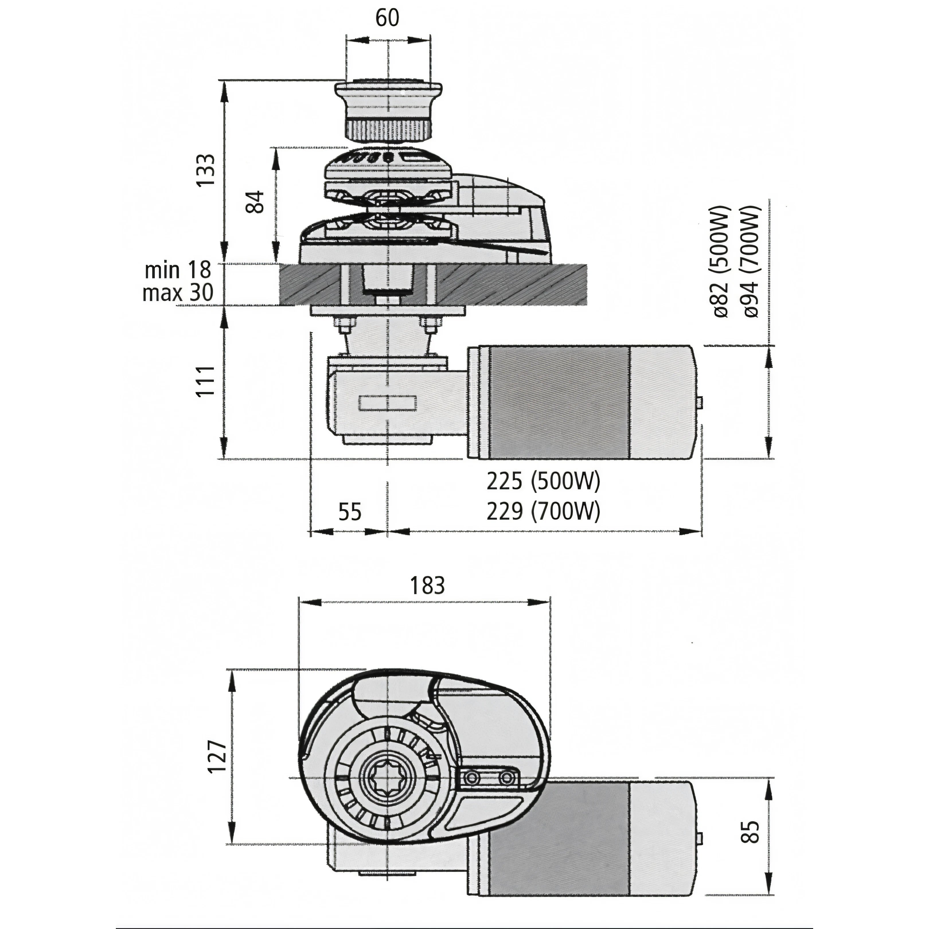 Verricello Lofrans X1 con campana, disegno tecnico con dimensioni