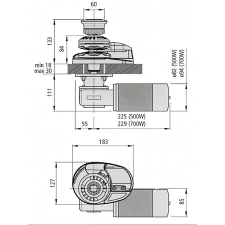 Verricello Lofrans X1 con campana, disegno tecnico con dimensioni