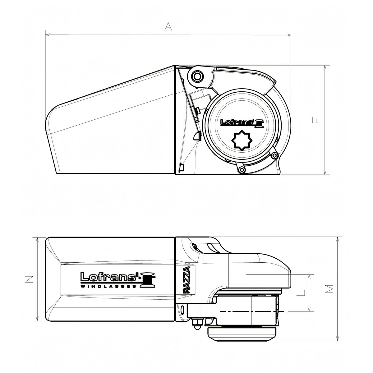 Verricello Lofrans Razza, disegno tecnico con dimensioni