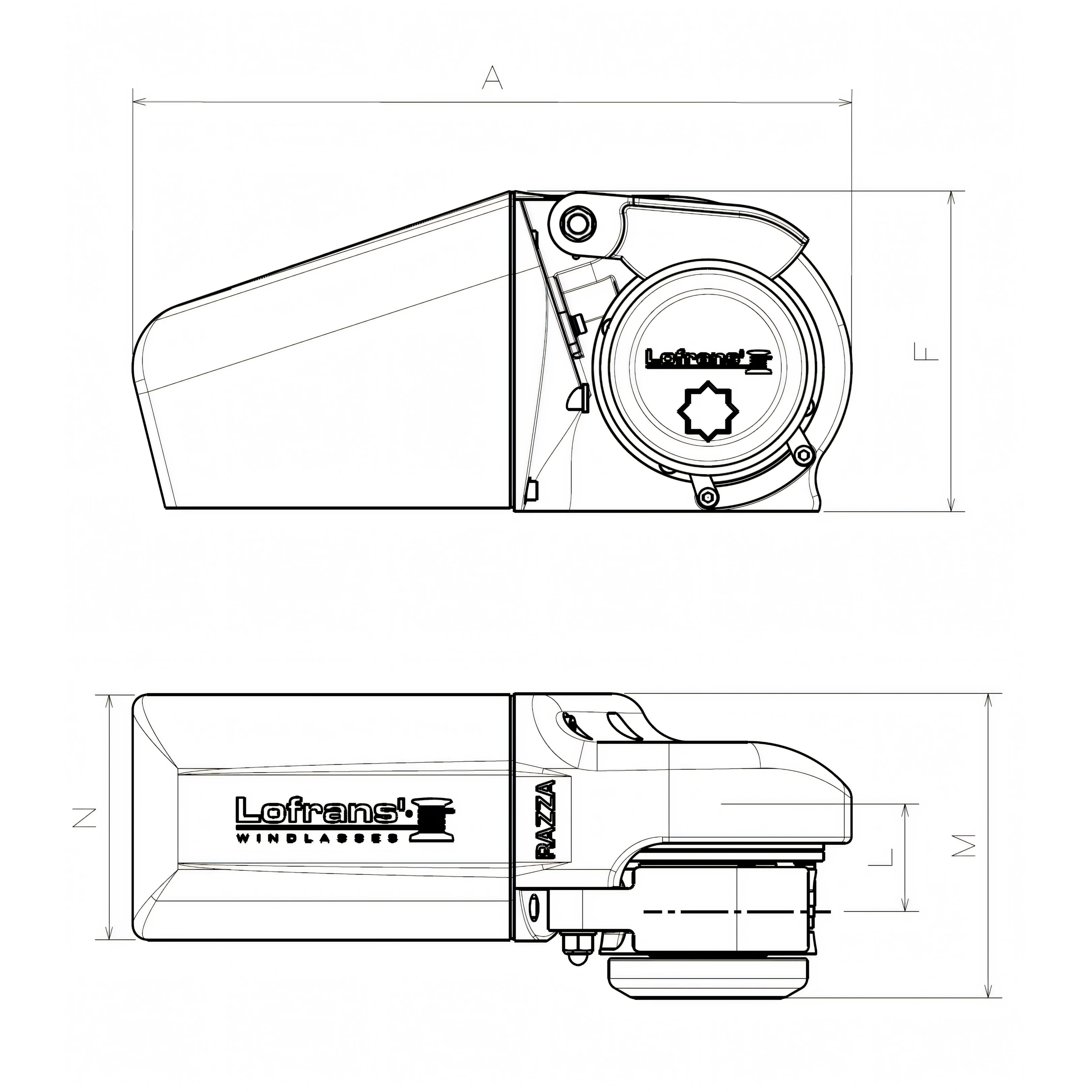 Verricello Lofrans Razza, disegno tecnico con dimensioni