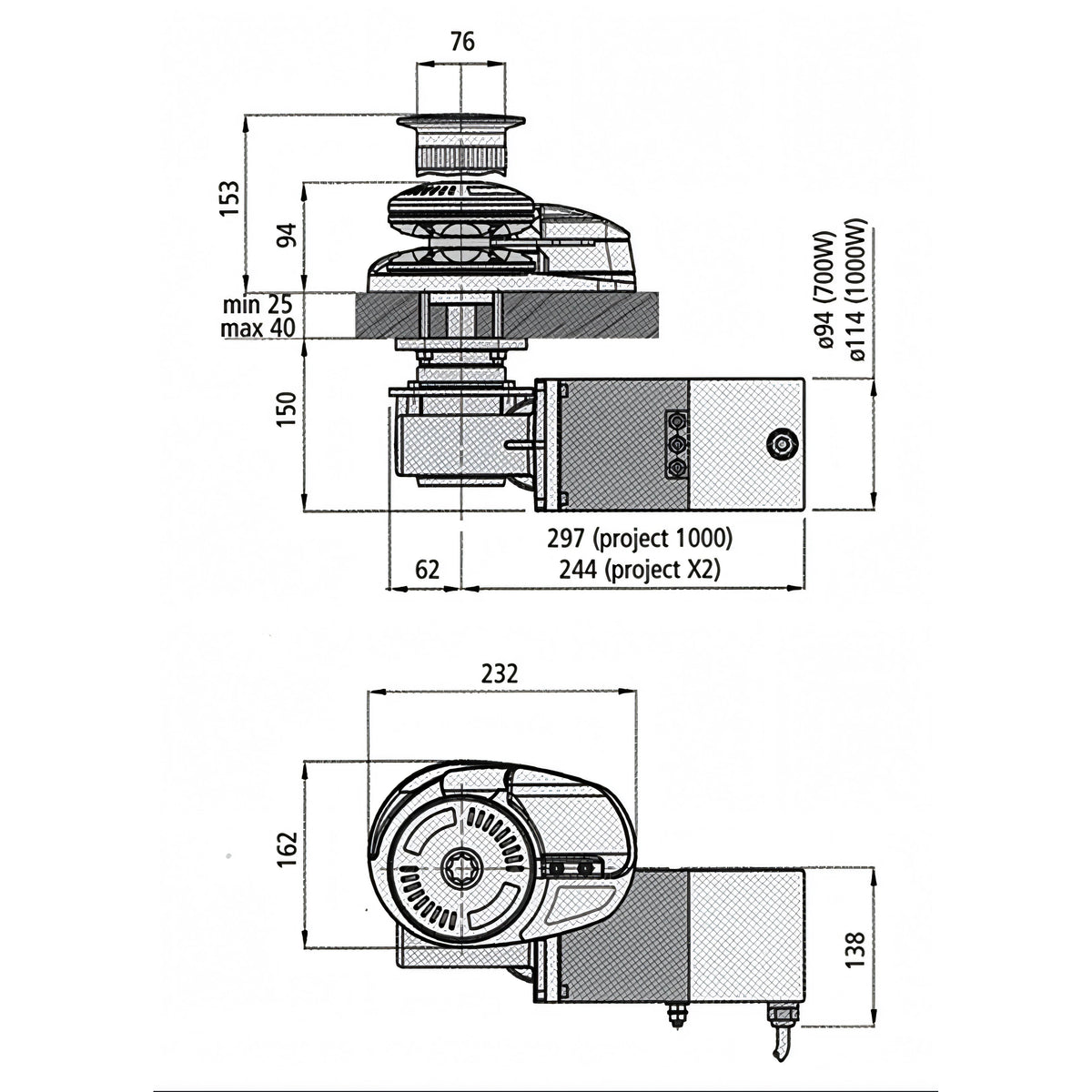 Verricello Lofrans X2 senza campana, disegno tecnico con dimensioni