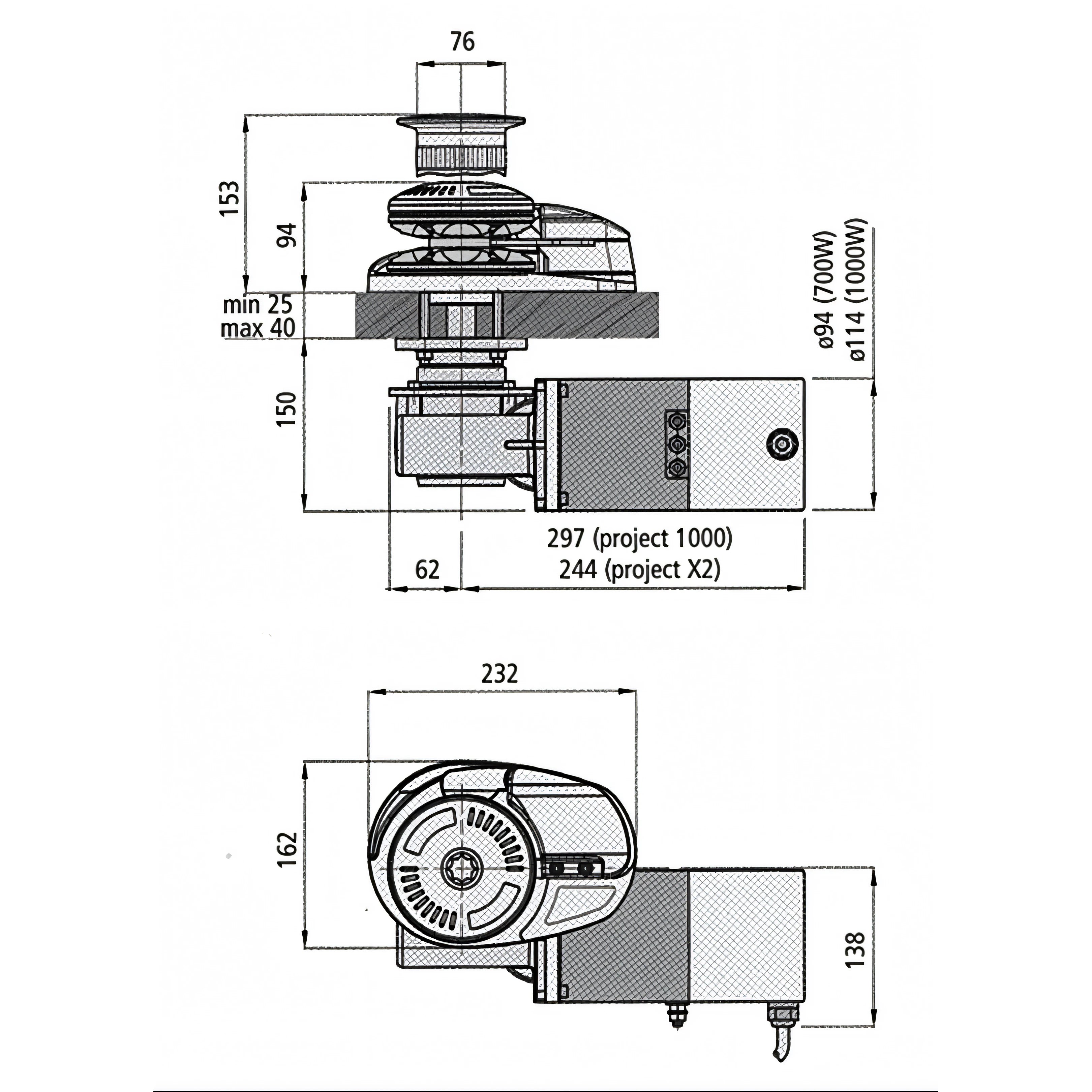 Verricello Lofrans X2 senza campana, disegno tecnico con dimensioni