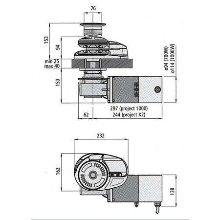 Verricello Lofrans X2 senza campana, disegno tecnico con dimensioni