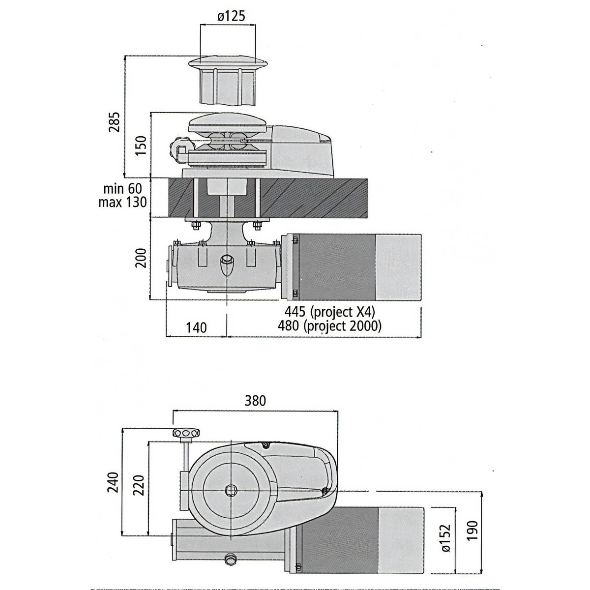 Verricello Lofrans X4, disegno tecnico con dimensioni