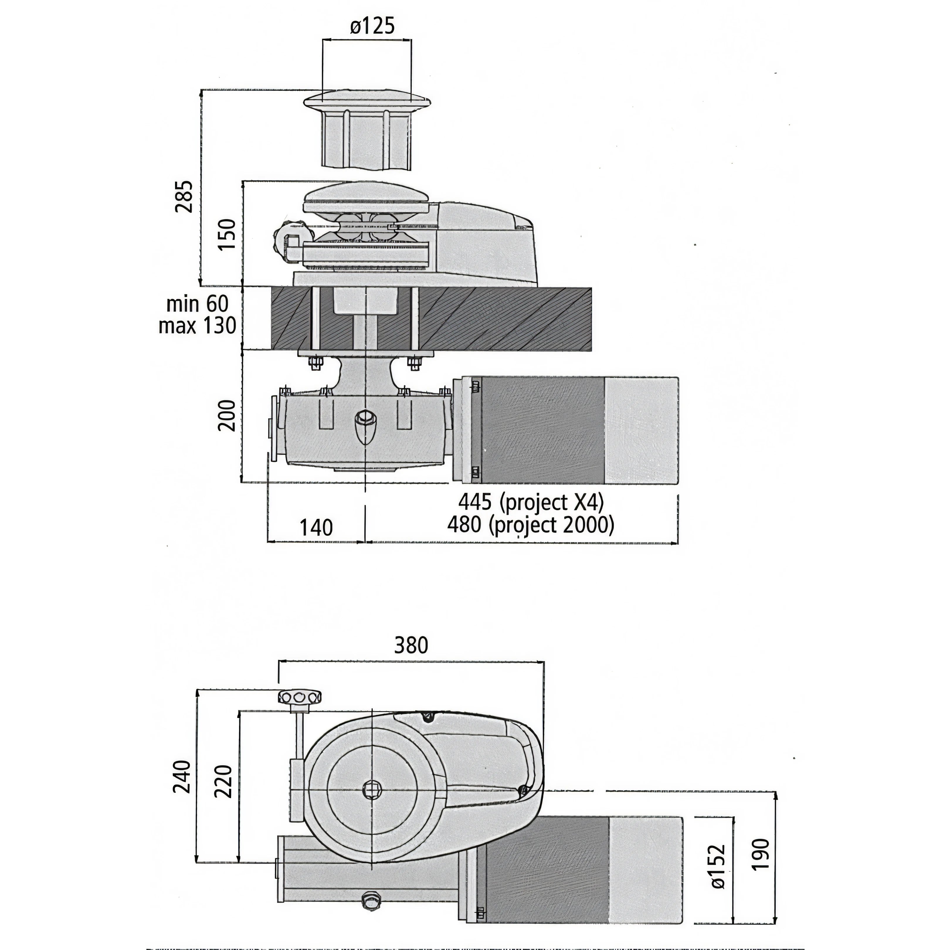 Verricello Lofrans X4, disegno tecnico con dimensioni