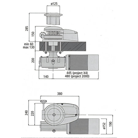 Verricello Lofrans X4, disegno tecnico con dimensioni