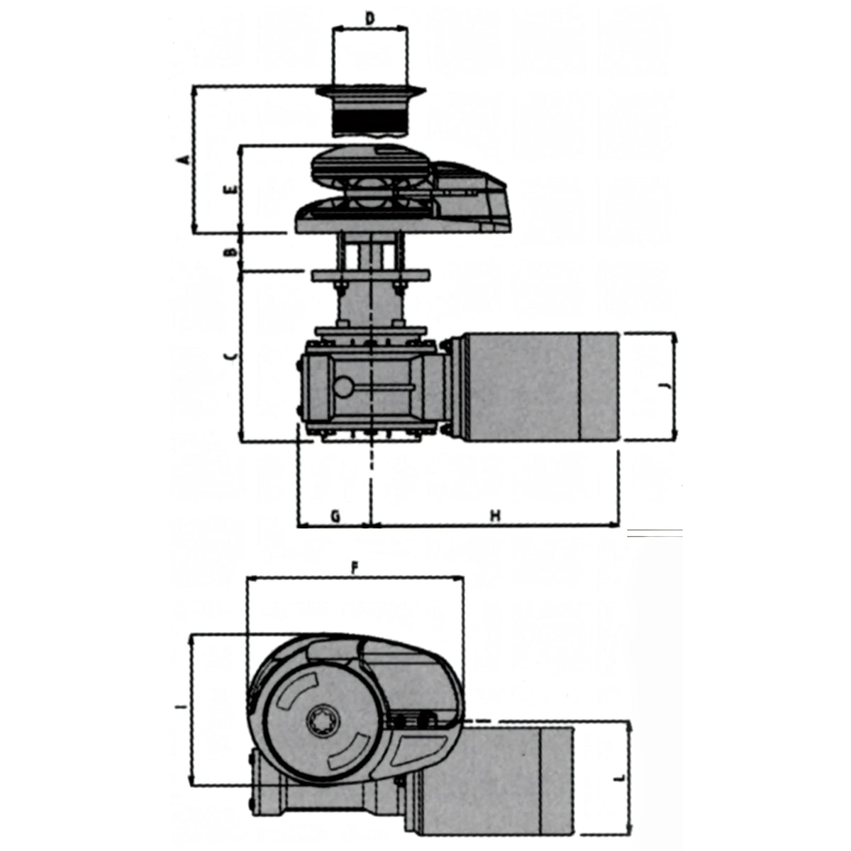 Verricello Lofrans X2 alluminio, disegno tecnico con dimensioni