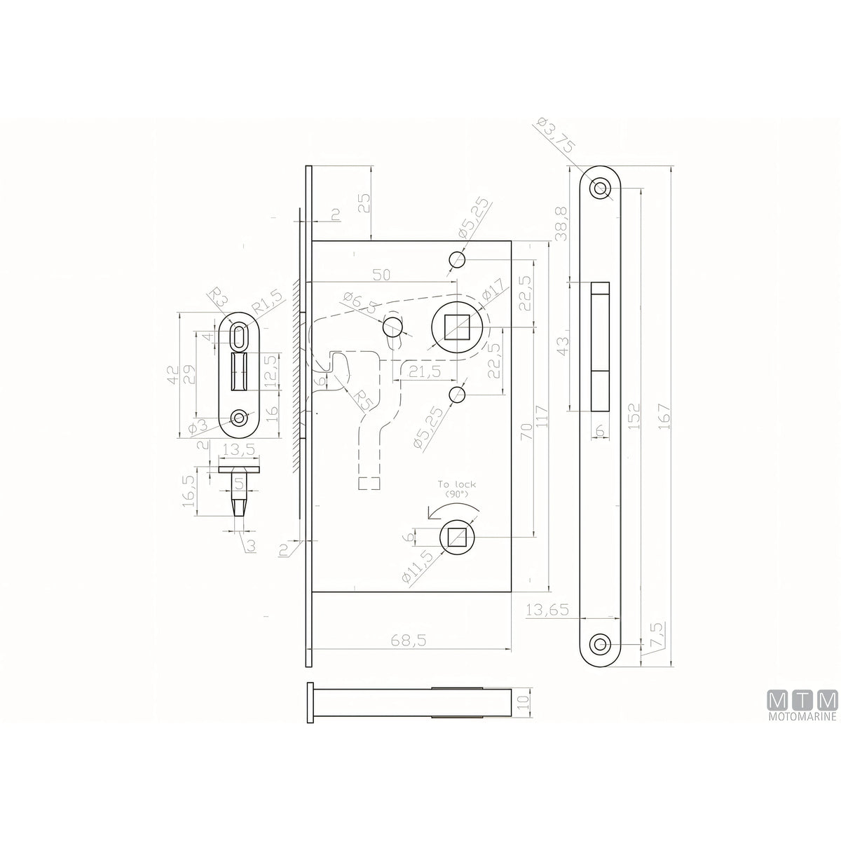 Motomarine serratura per porte scorrevoli in acciaio inox — Quadro maniglia 8x8 mm