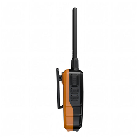 Radio VHF portatile Cobra Marine BlueBound 150E nera vista laterale con banda arancione | Onautica