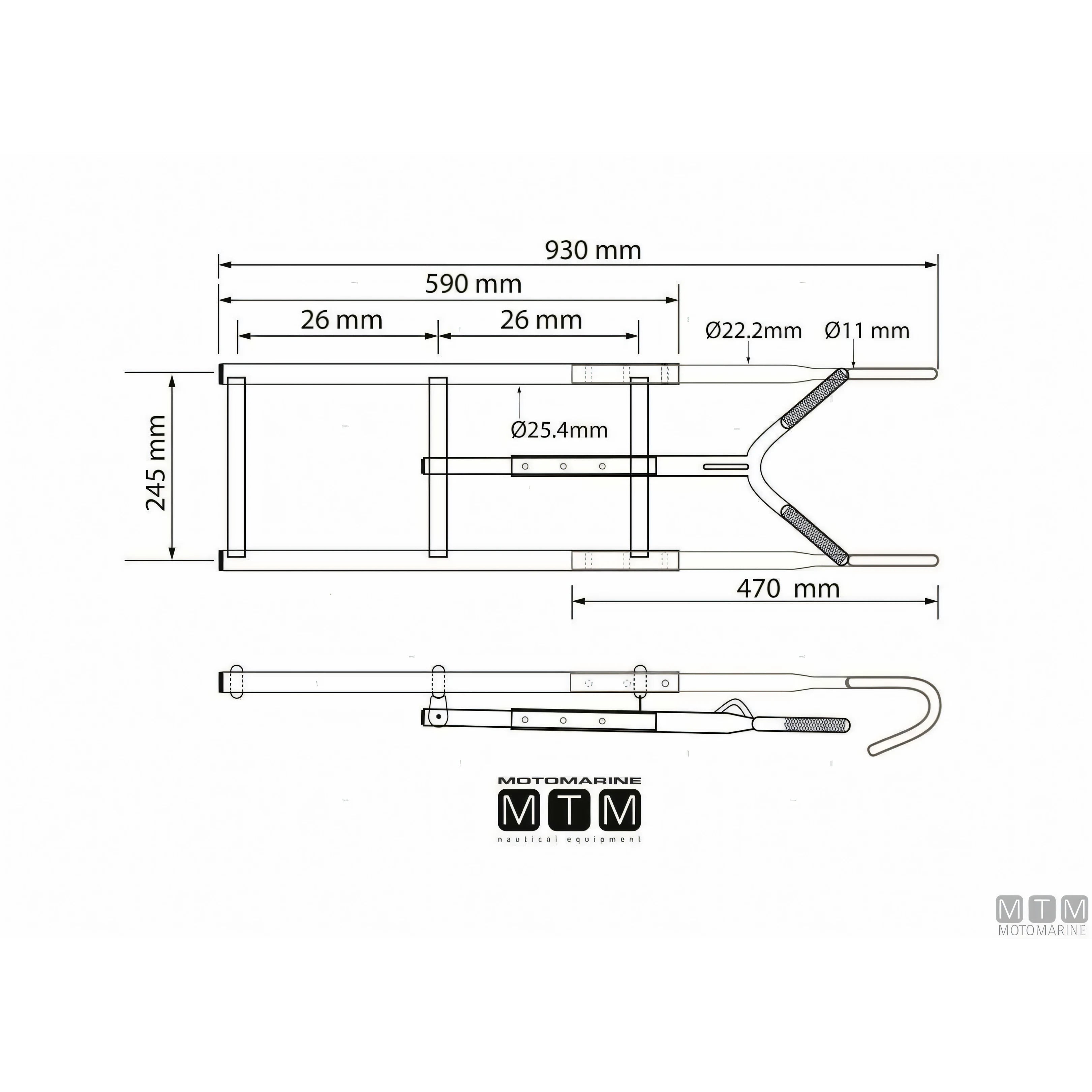 Disegno quotato della scaletta Motomarine a 3 gradini in acciaio inox: 930 mm fuori tutto, larghezza 245 mm, tubo Ø 22,2 mm