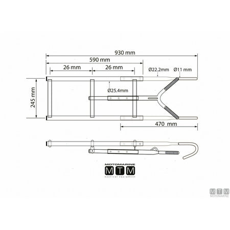 Disegno quotato della scaletta Motomarine a 3 gradini in acciaio inox: 930 mm fuori tutto, larghezza 245 mm, tubo Ø 22,2 mm