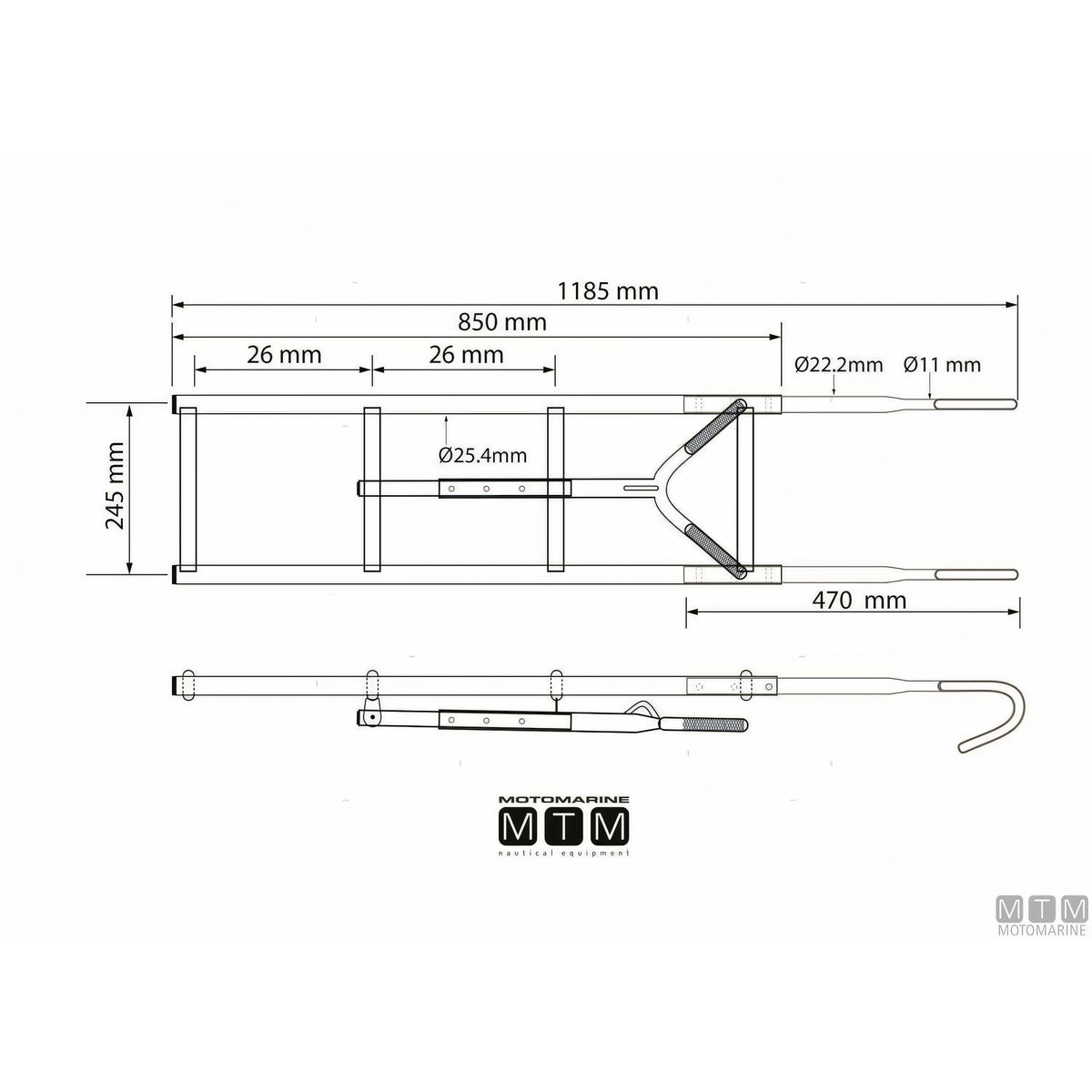 Disegno quotato della scaletta Motomarine a 4 gradini in acciaio inox: 1185 mm fuori tutto, larghezza 245 mm