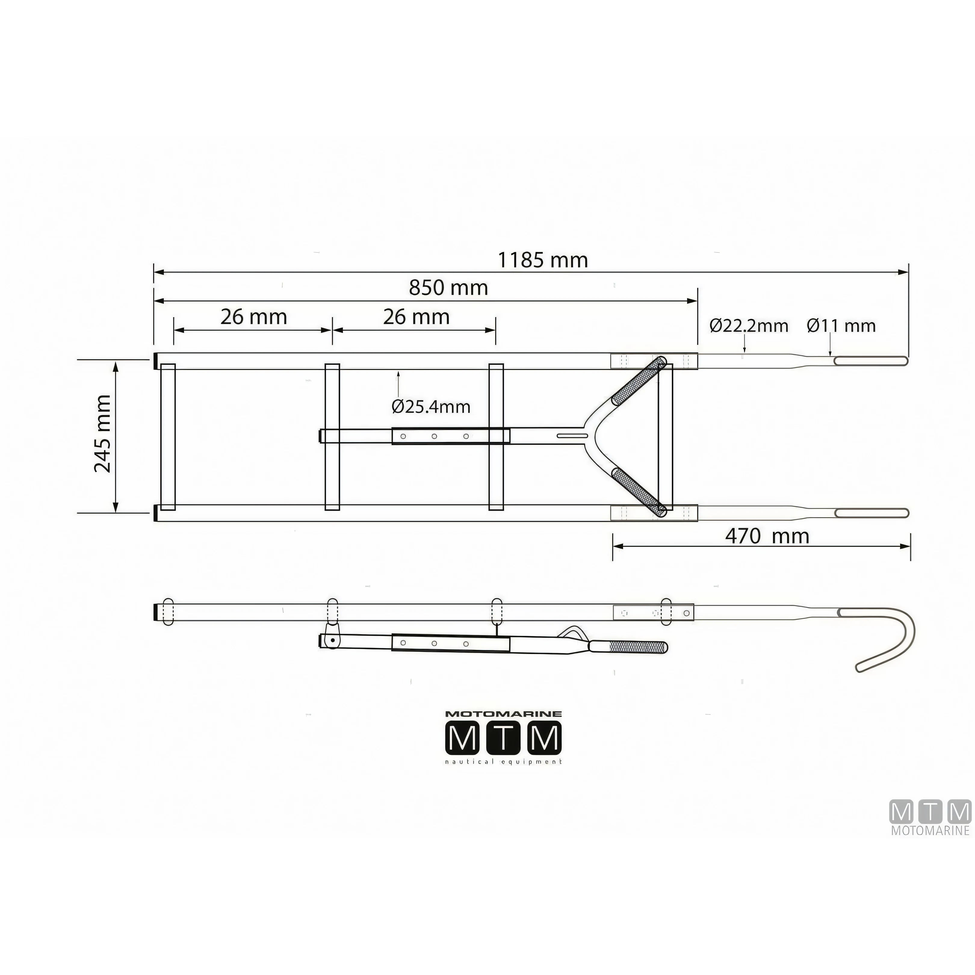 Disegno quotato della scaletta Motomarine a 4 gradini in acciaio inox: 1185 mm fuori tutto, larghezza 245 mm