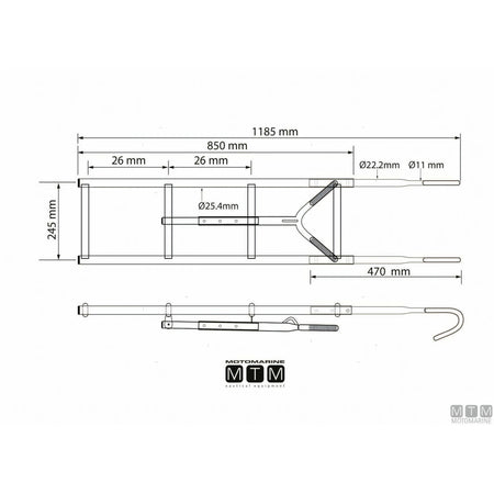 Disegno quotato della scaletta Motomarine a 4 gradini in acciaio inox: 1185 mm fuori tutto, larghezza 245 mm