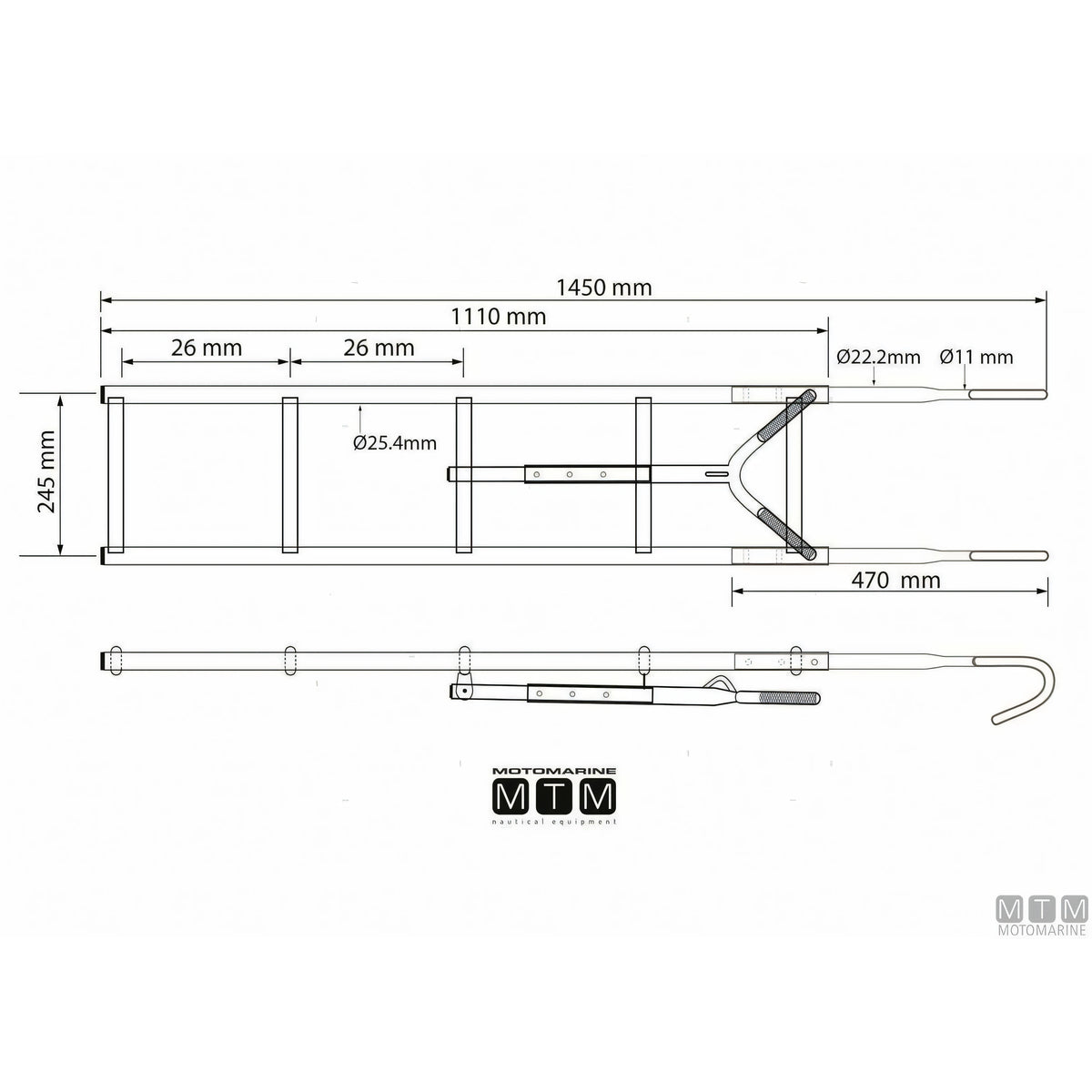 Disegno quotato della scaletta Motomarine a 5 gradini in acciaio inox: 1450 mm fuori tutto, larghezza 245 mm