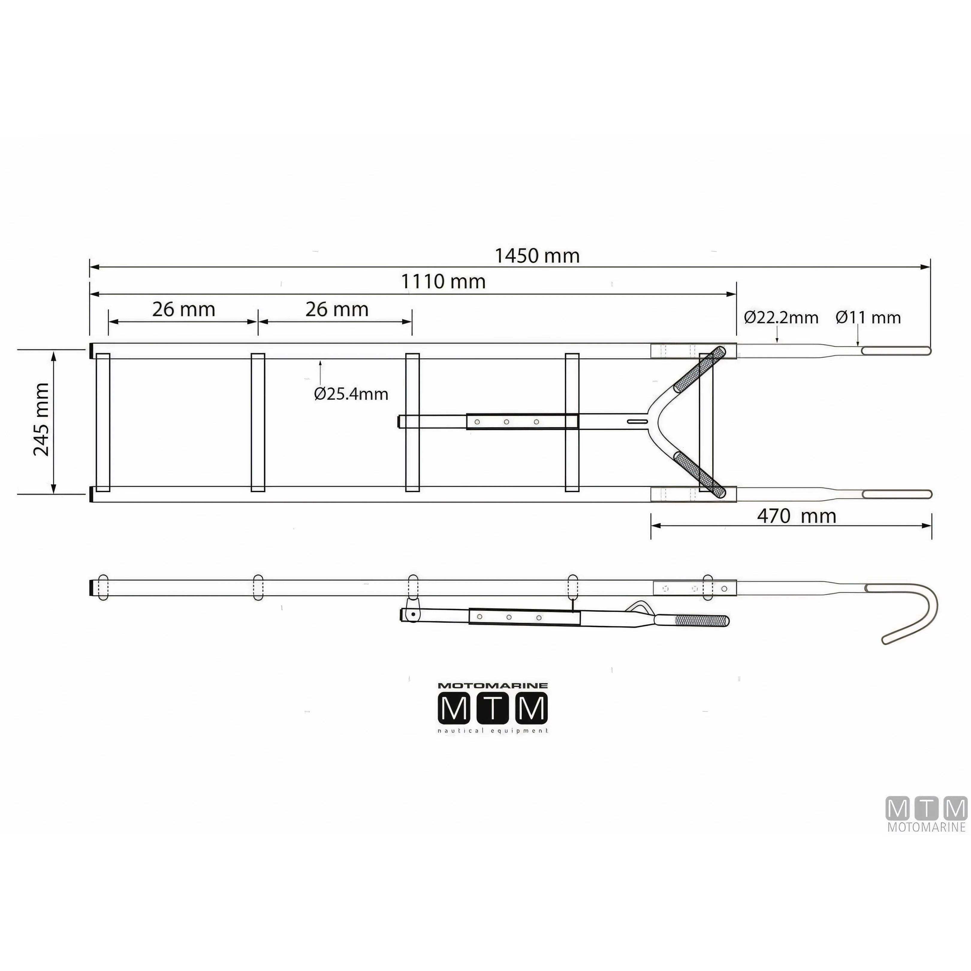 Disegno quotato della scaletta Motomarine a 5 gradini in acciaio inox: 1450 mm fuori tutto, larghezza 245 mm