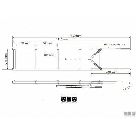 Disegno quotato della scaletta Motomarine a 5 gradini in acciaio inox: 1450 mm fuori tutto, larghezza 245 mm