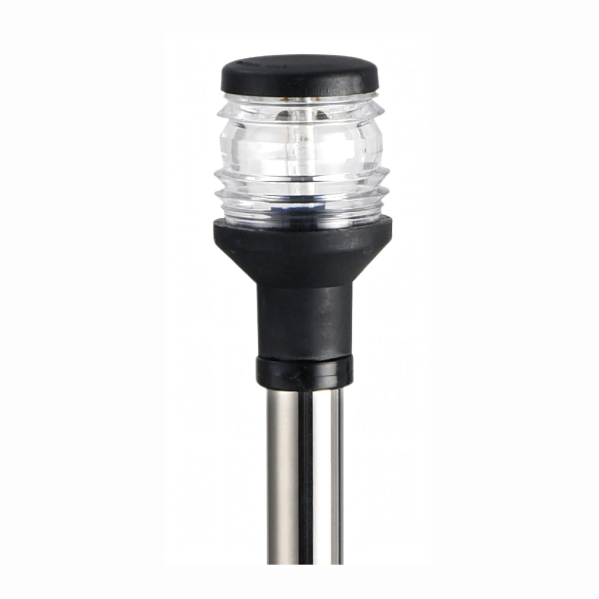 Fanale di via 360° su asta inox con luce bianca e corpo nero, visione ravvicinata | Onautica